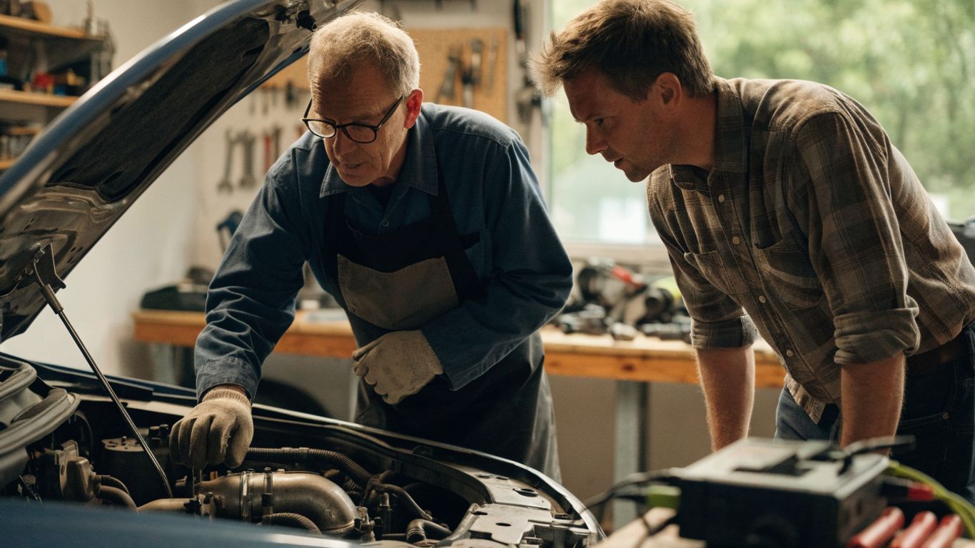 Mechanic discussing engine findings with vehicle owner
