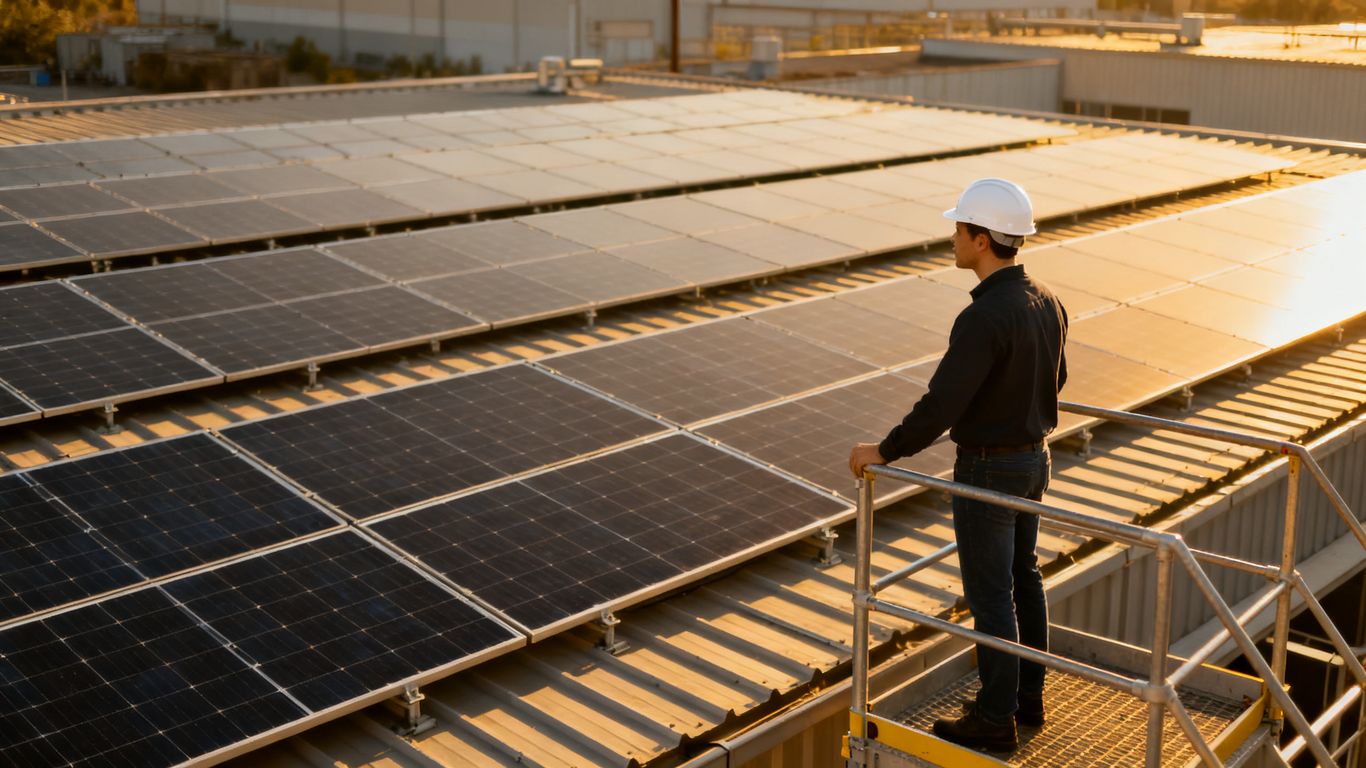 Ingénieure examinant une toiture photovoltaïque