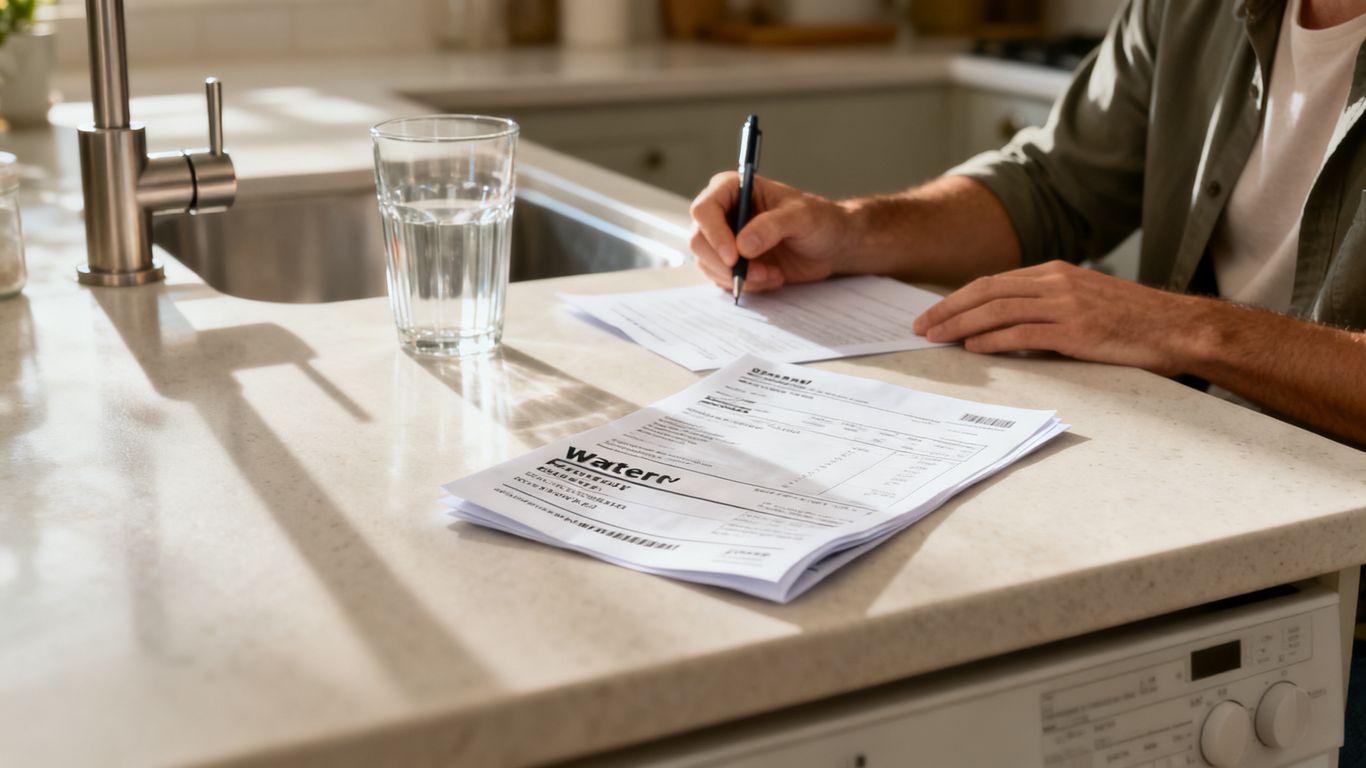 Water bill and tap in a well-lit kitchen