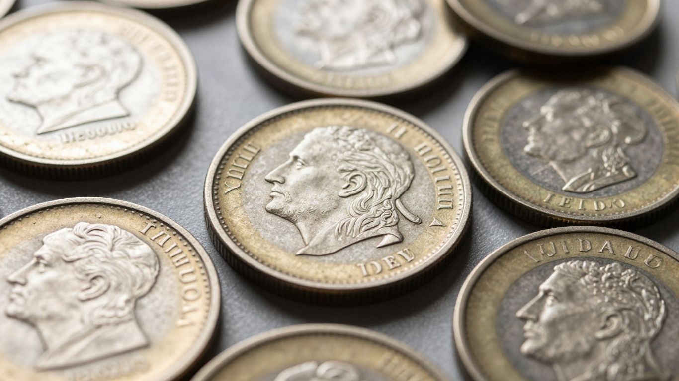 Close-up of various coins with detailed surfaces.