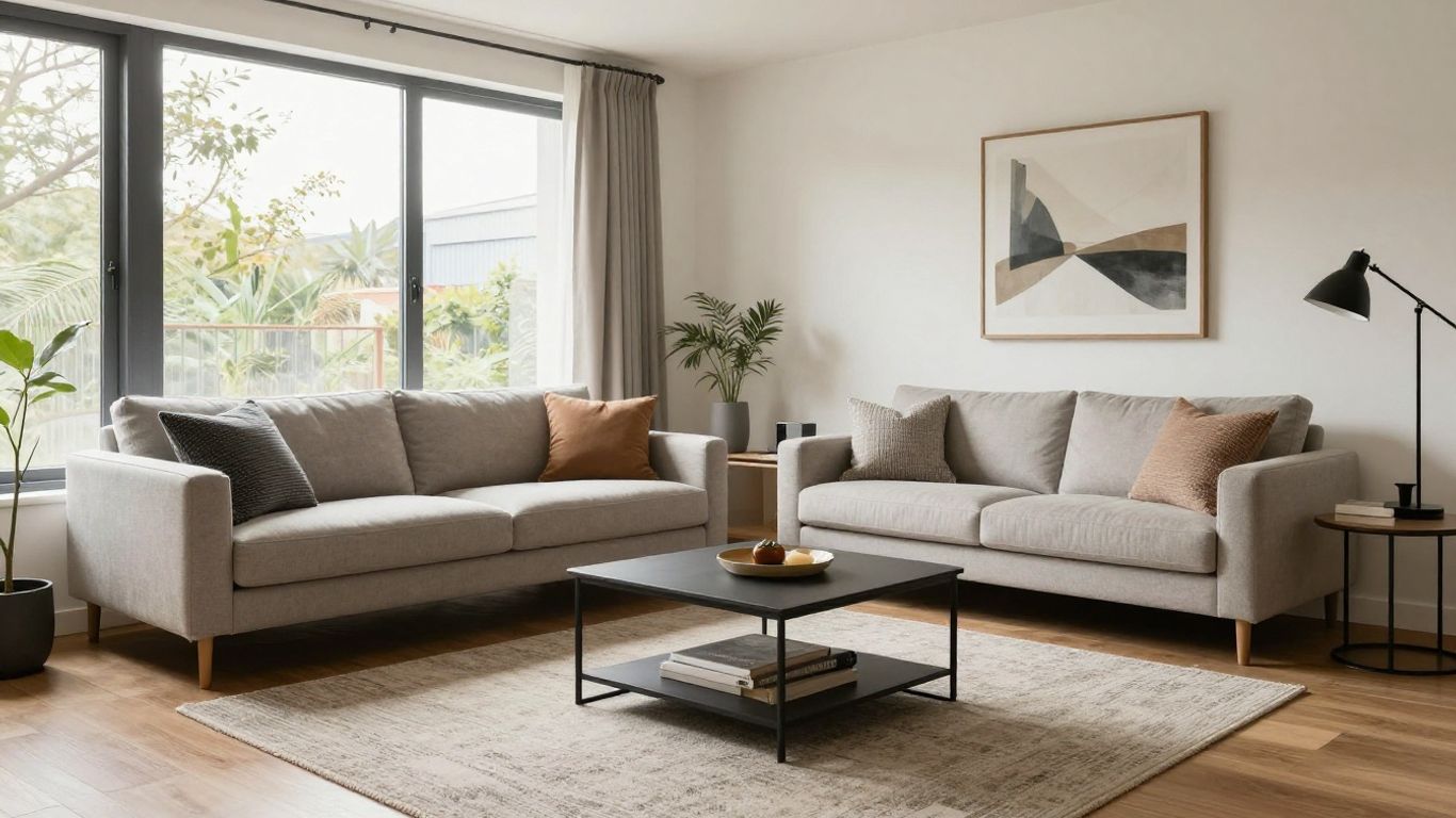 Modern small living room with defined seating and flow.
