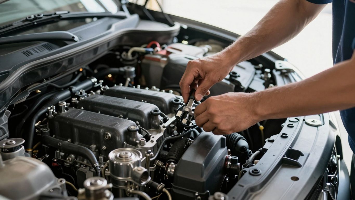 Mechanic inspecting a car engine in a garage.