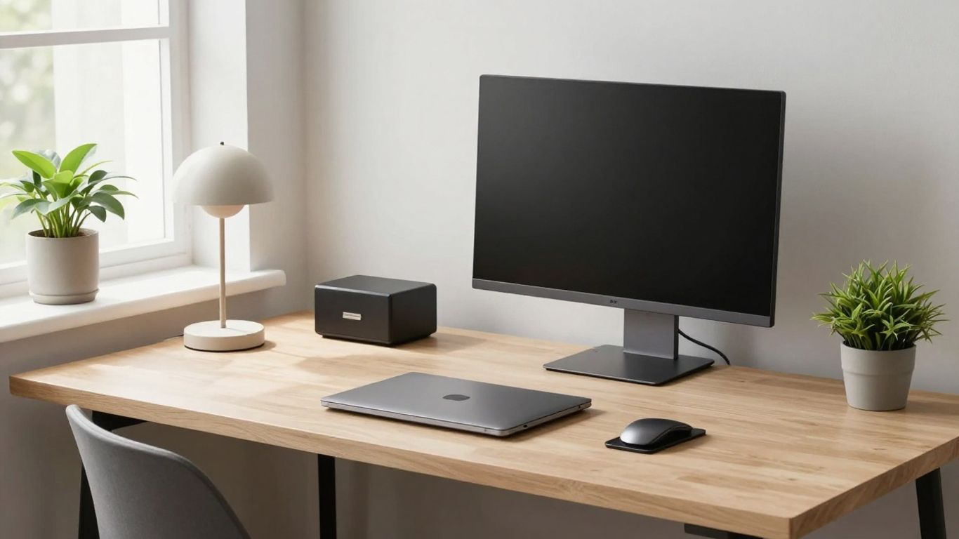 Small home office desk with laptop and lamp.