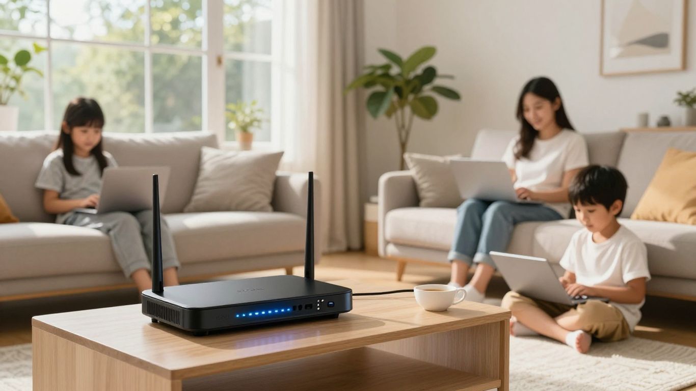 Família conectada em sala moderna com Wi-Fi.
