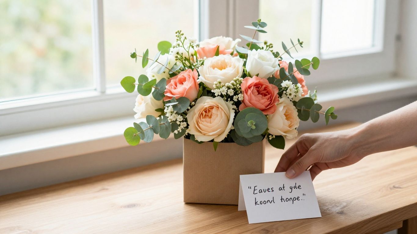 Hand-tied bouquet and small gift beside sunny window