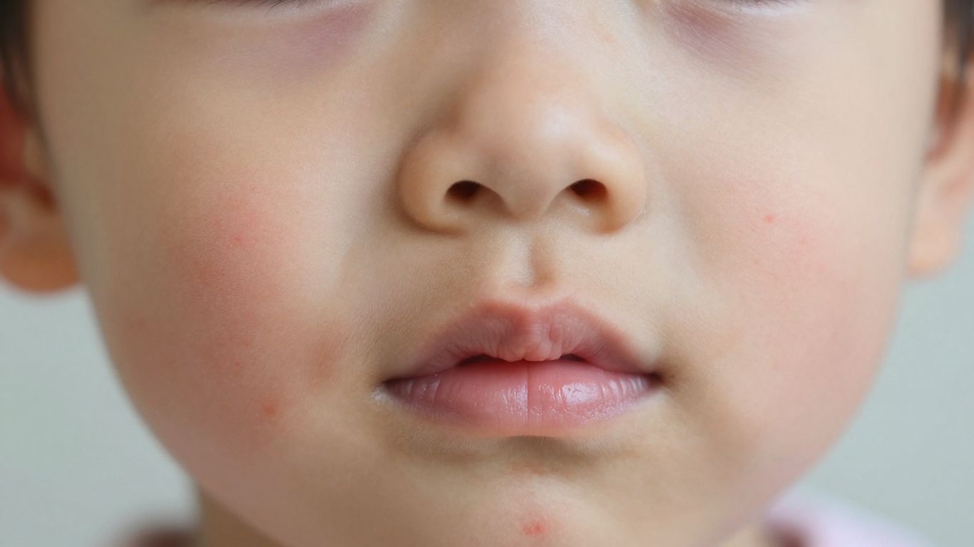 Child's face with measles spots.