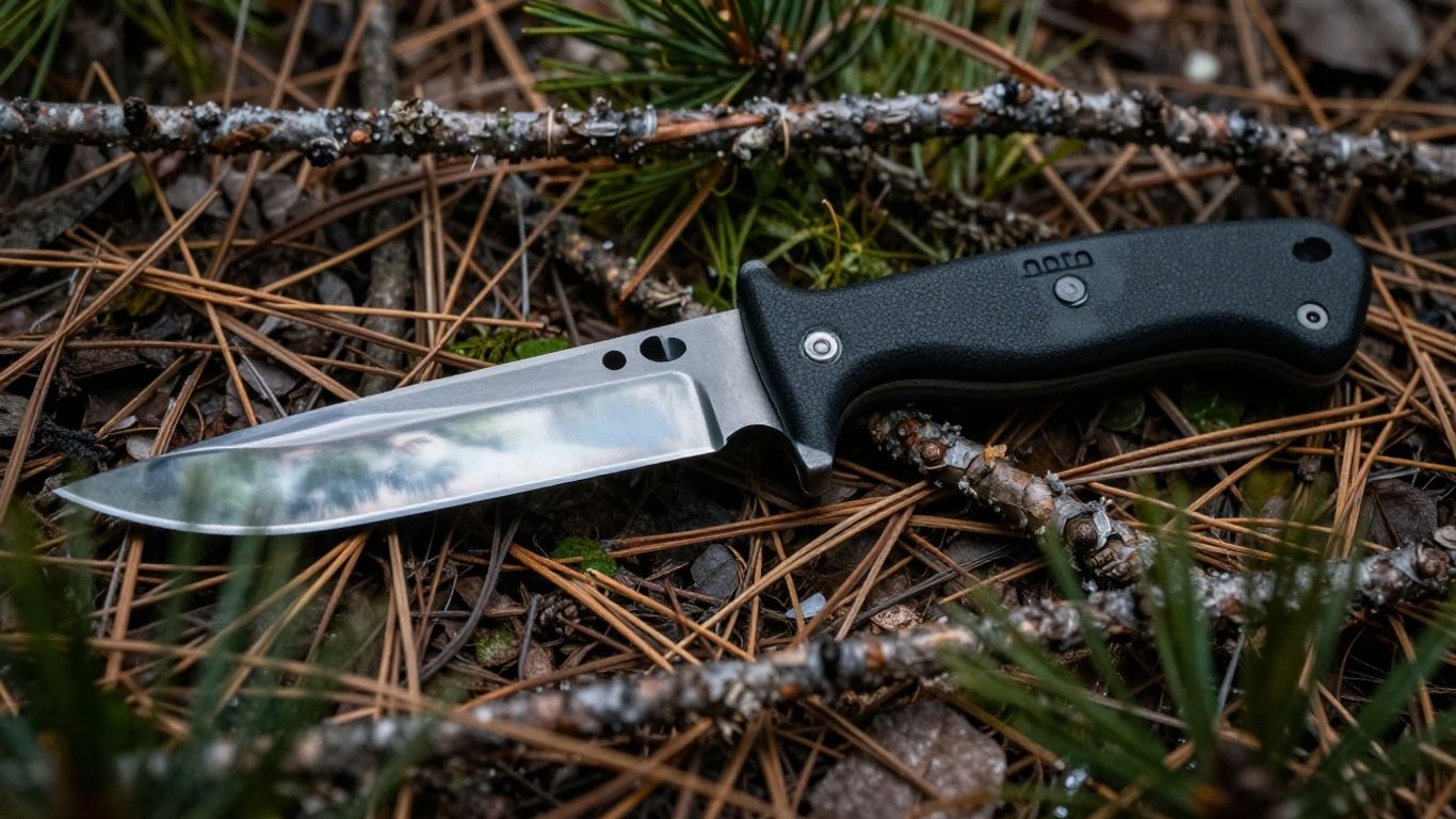Outdoor survival knife on forest floor