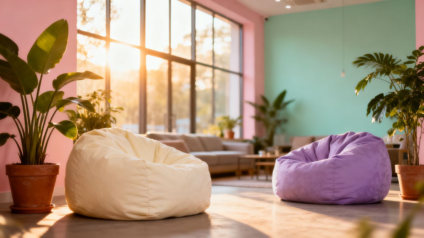 A calm hostel communal space with comfortable seating