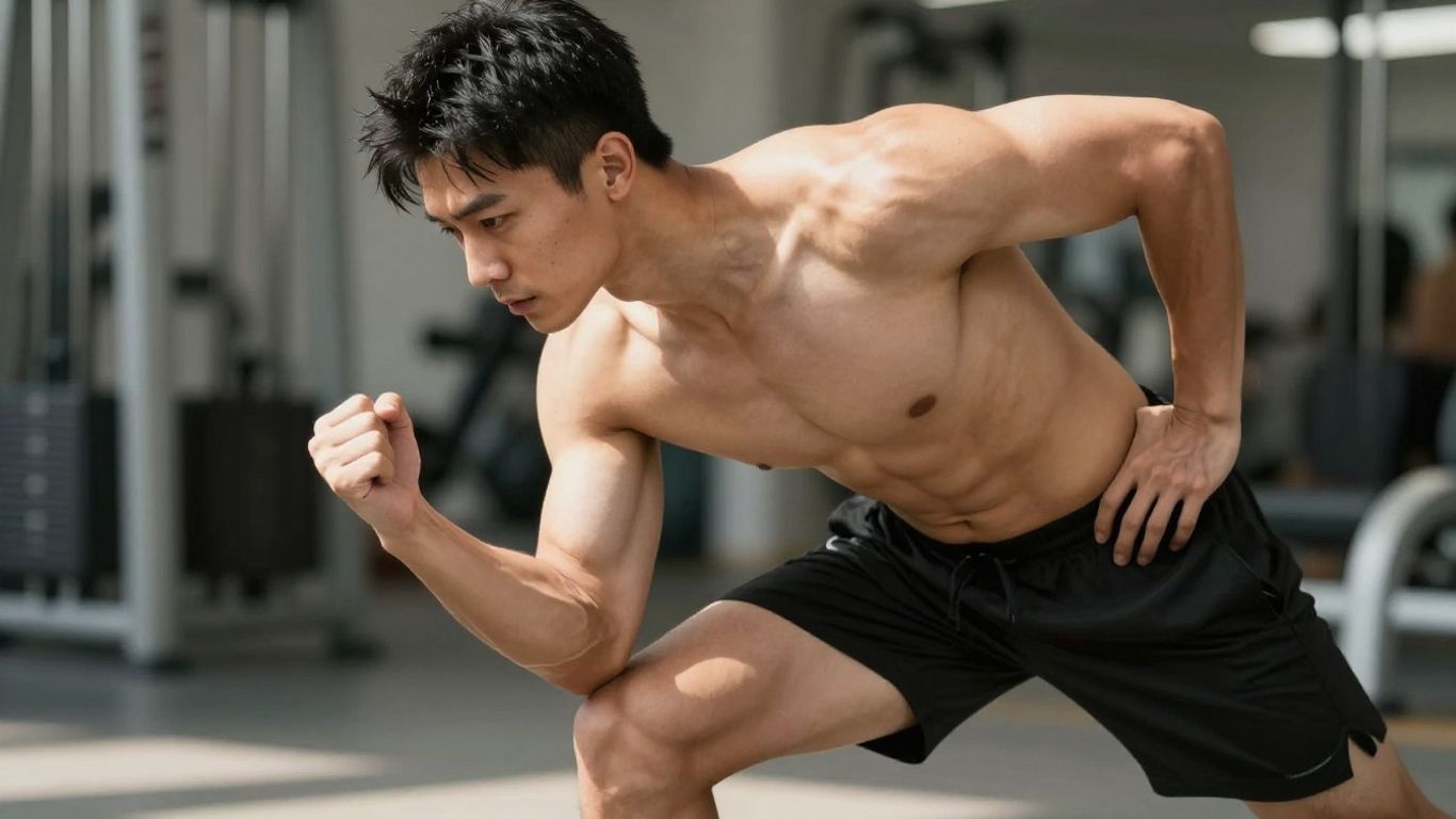 Fitte persoon in dynamische pose, met nadruk op spieren en gezonde levensstijl.