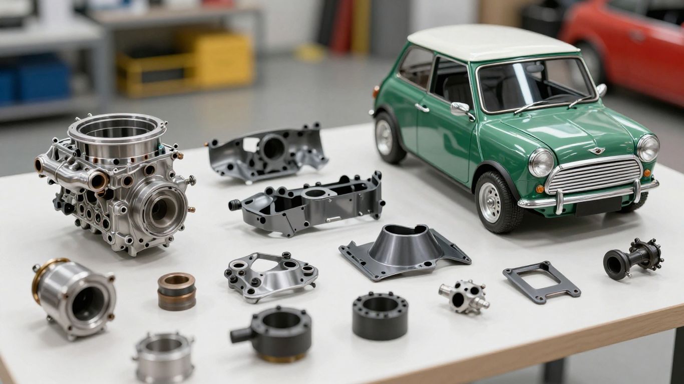 Mini Cooper parts laid out for sale.