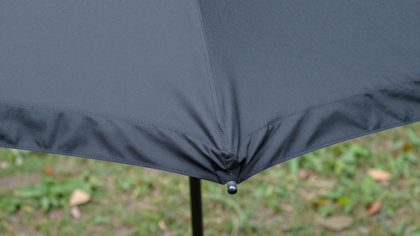 Close view of umbrella canopy fabric and sturdy frame