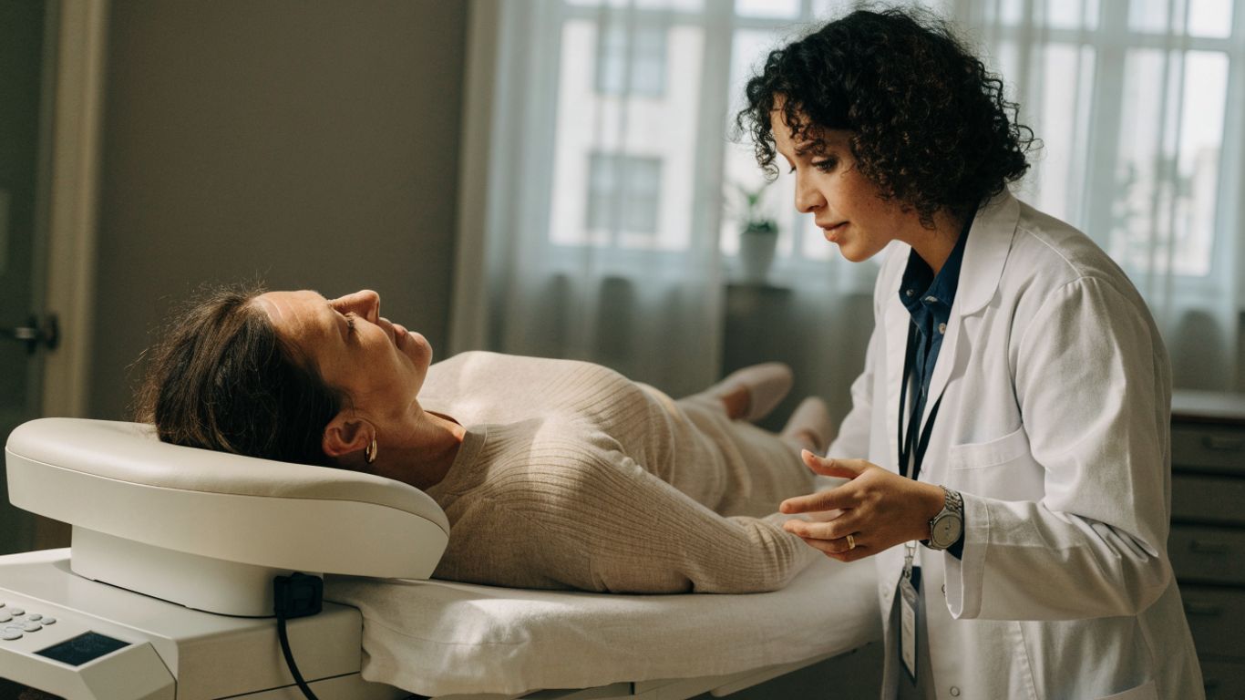 Mulher conversando com médica sobre saúde óssea