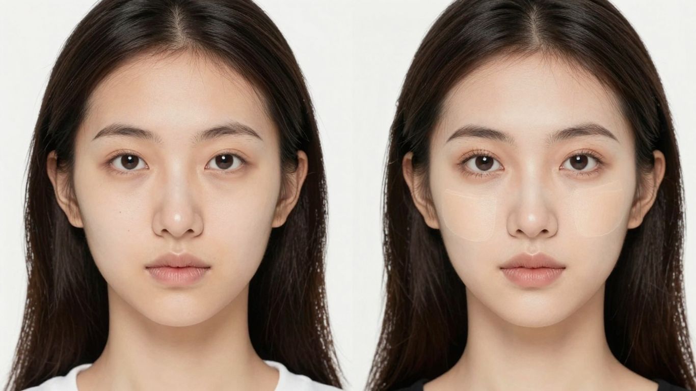 Woman's face before and after contouring makeup tutorial.