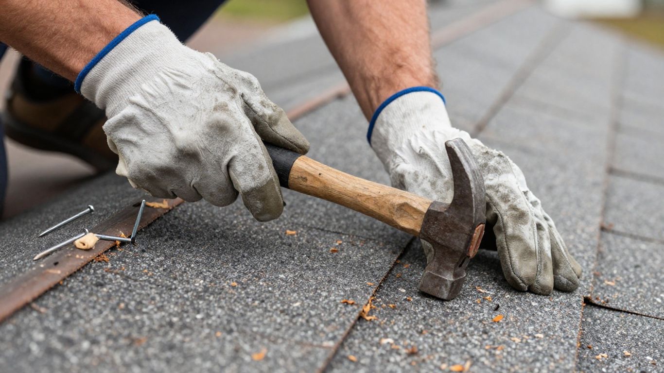 Roofer's hands with hammer and nail on shingles.