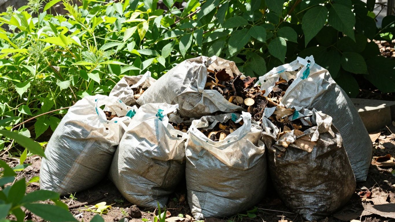 Compostable bags decomposing near a plant.