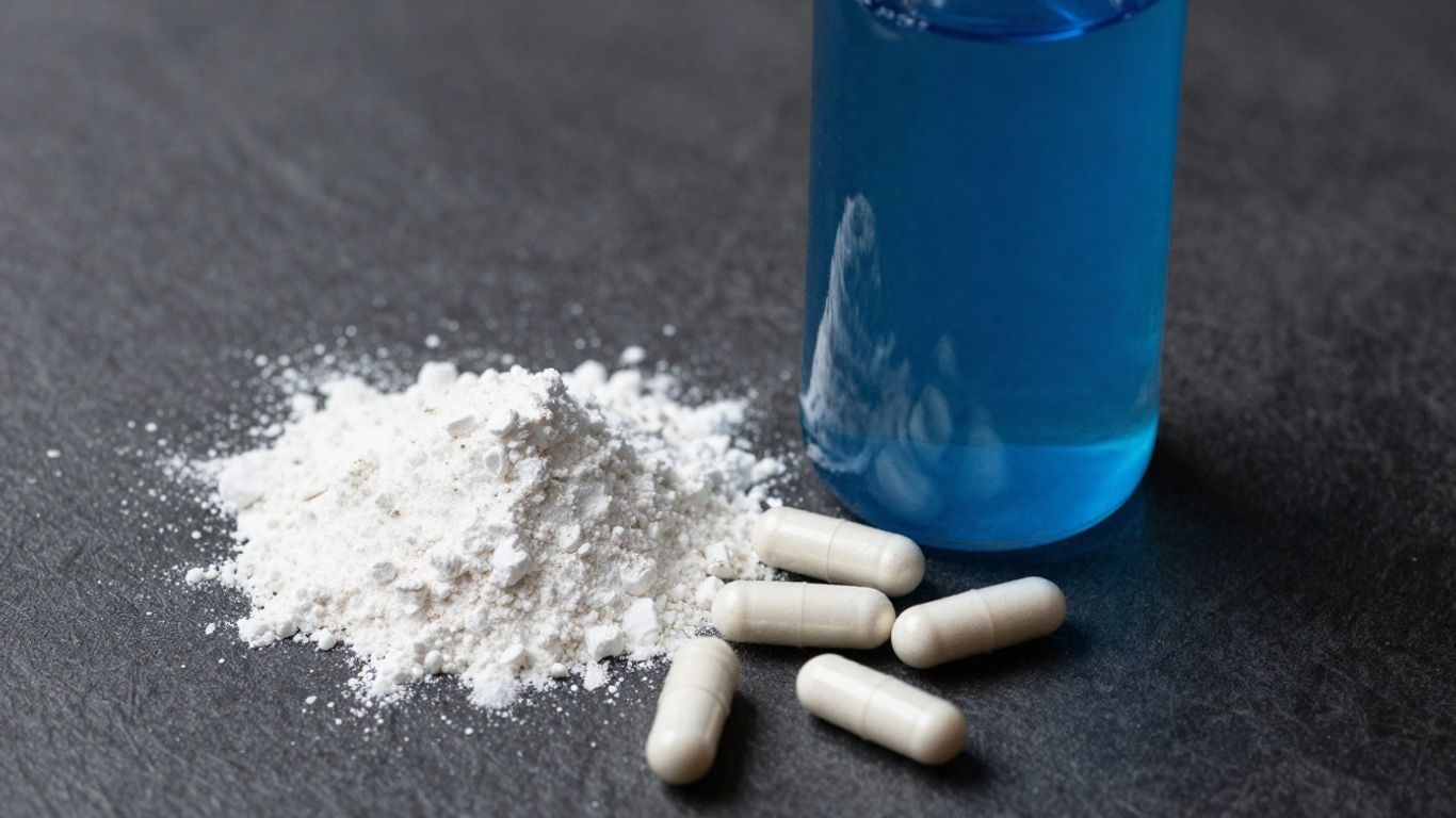 Bottle and capsules of branched-chain amino acids supplement.