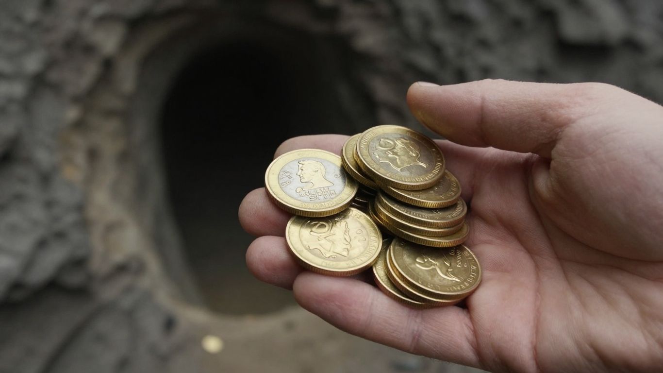 Main d'or tenant des pièces d'or près d'une mine.