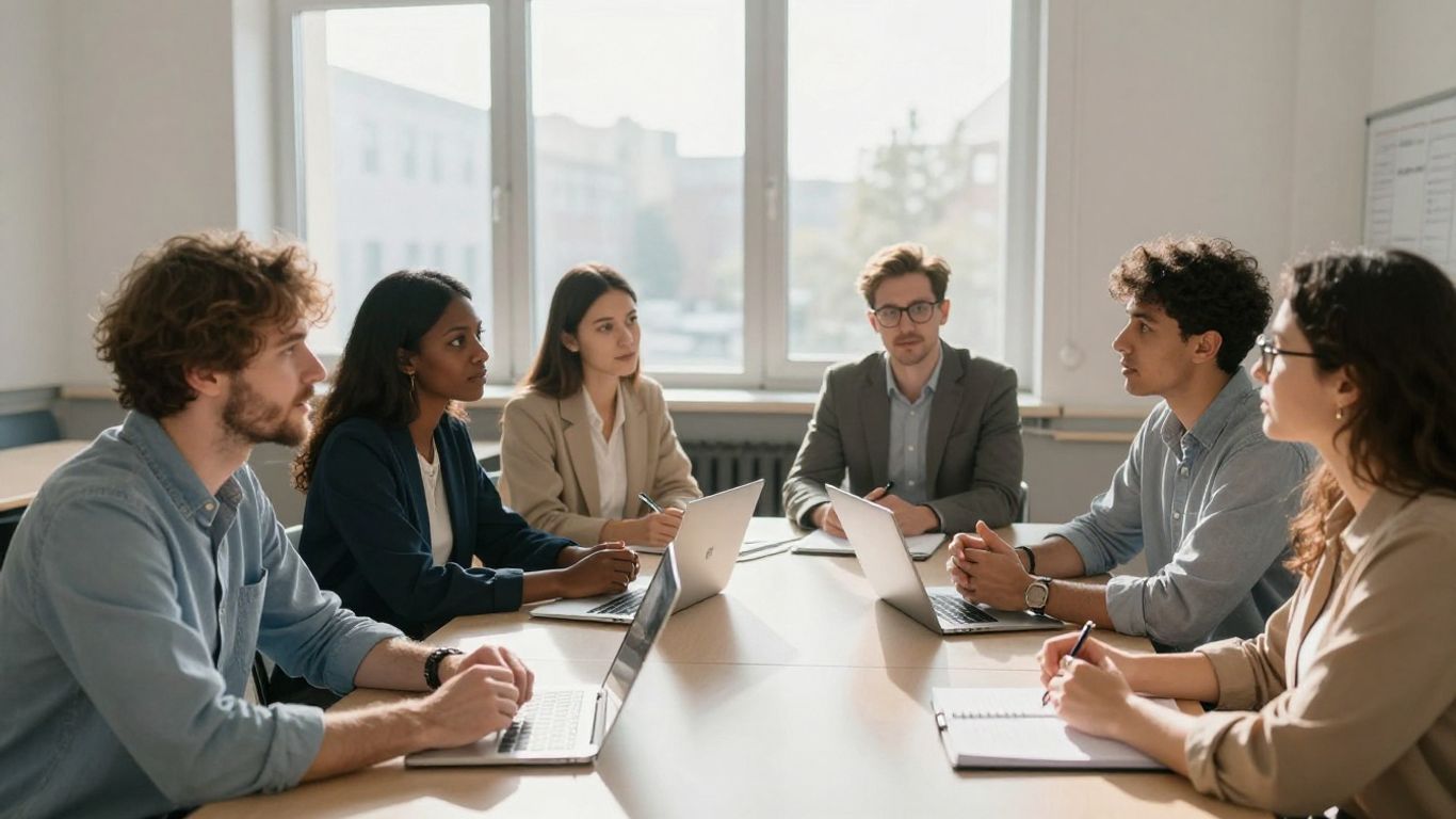 Profesionales que aprenden en un aula brillante y colaborativa.