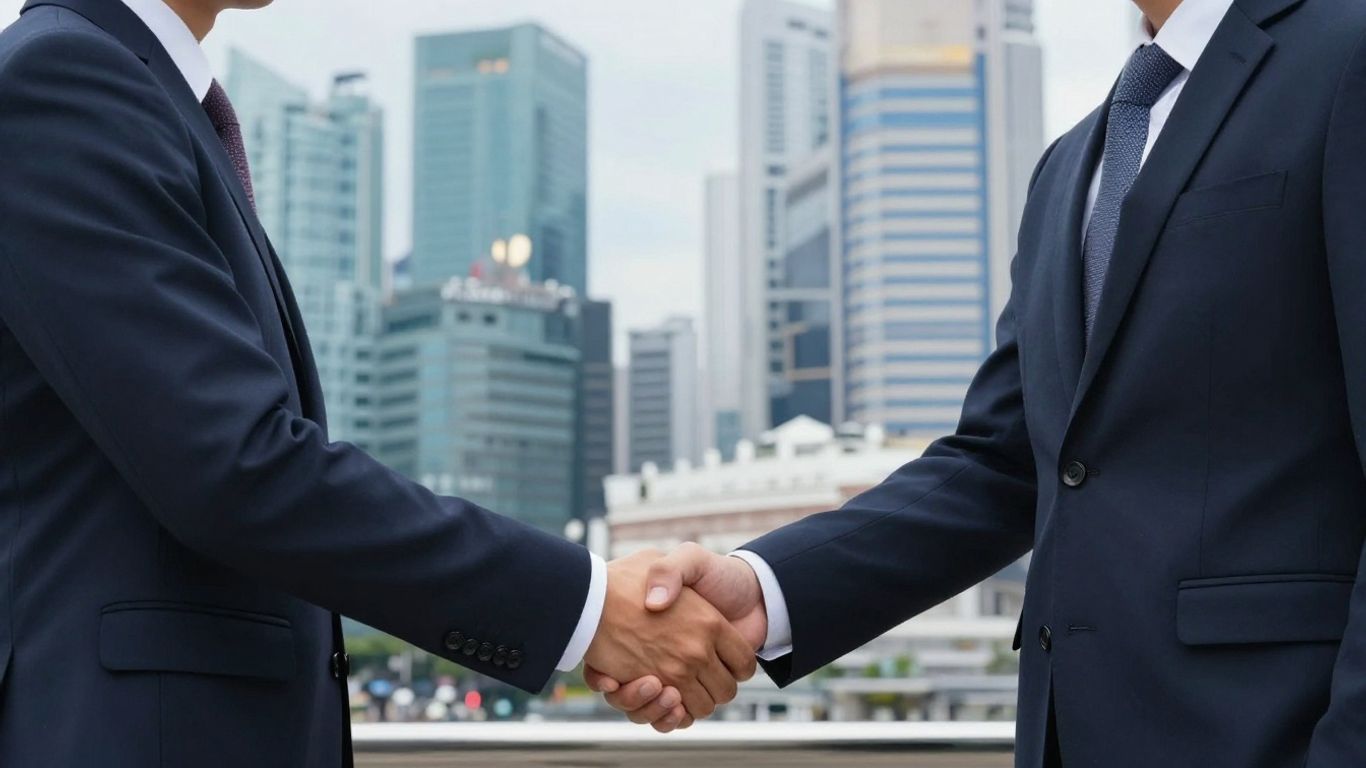 Handshake in Singapore with city skyline