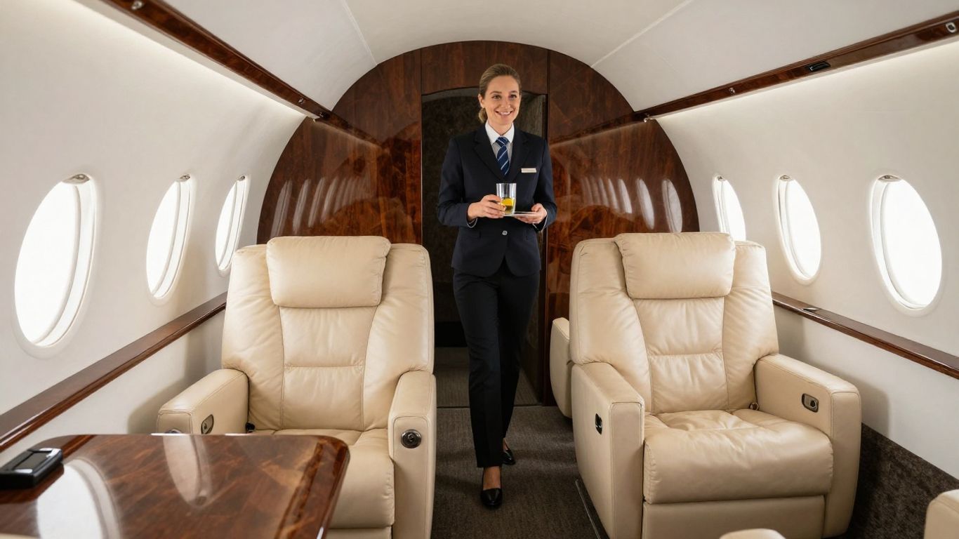 Luxurious private jet interior with comfortable seating and sunlight.