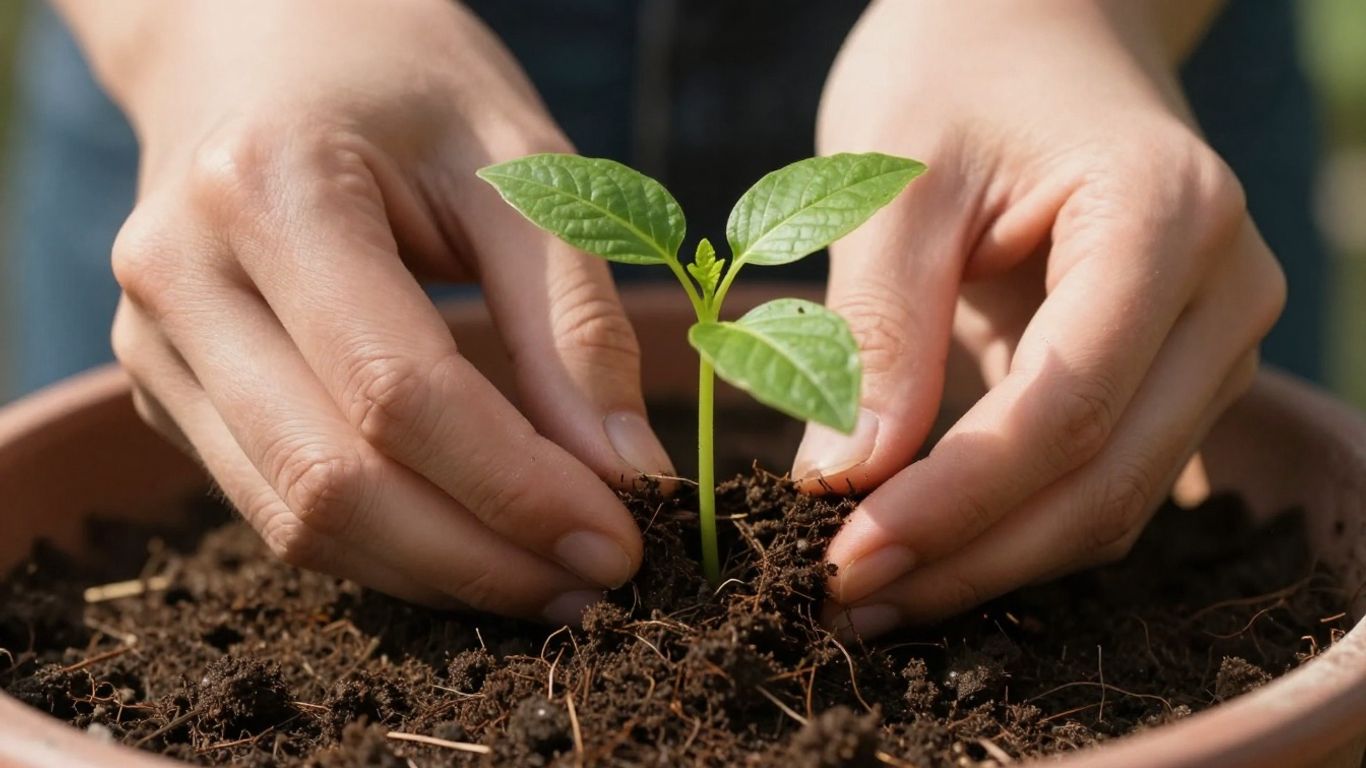 Mains tenant une jeune pousse verte dans la terre.