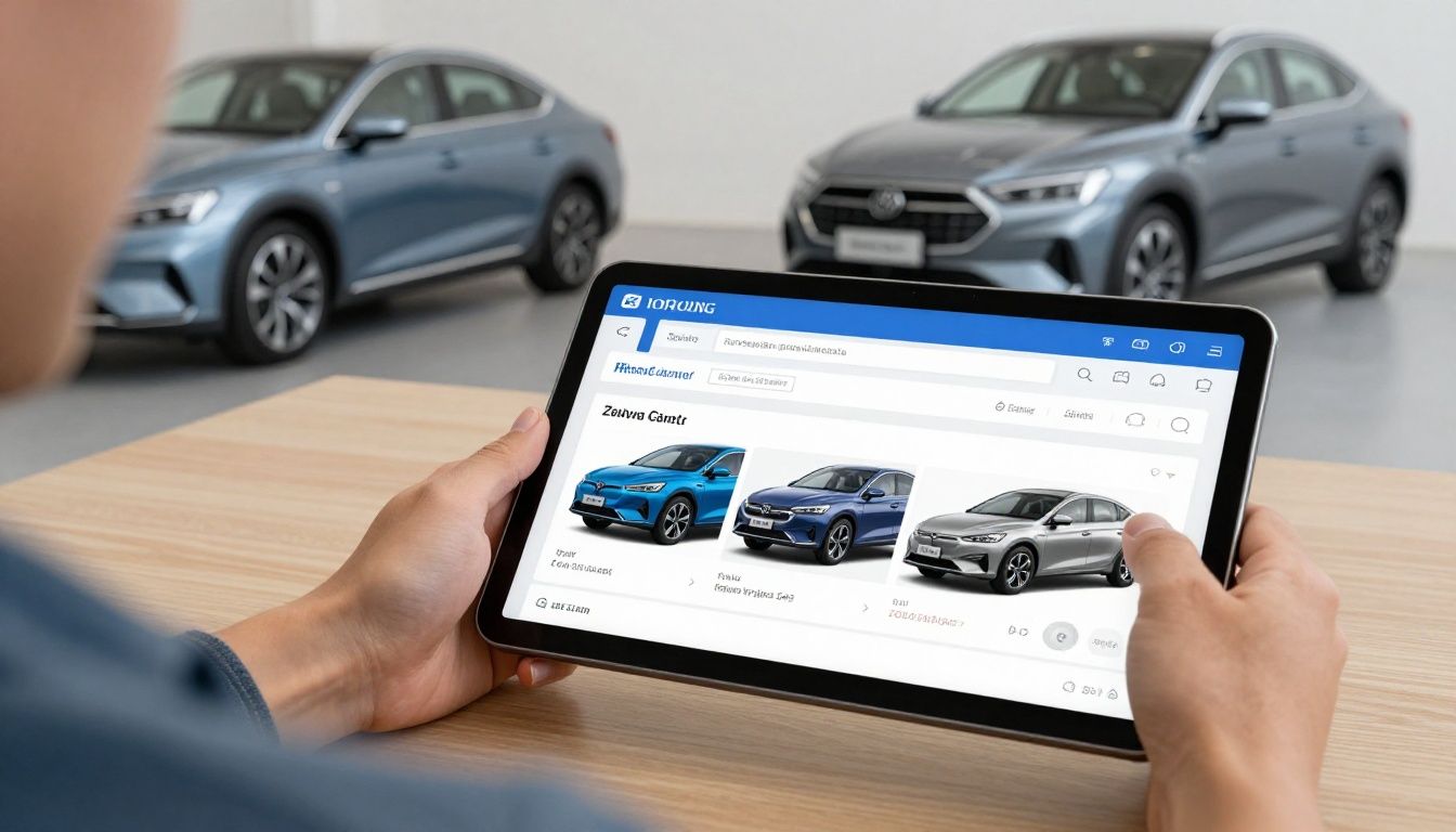 Eine Person vergleicht auf einem Tablet die Kosten eines Elektroautos mit denen eines Benziners, im Hintergrund sind beide Autos zu sehen.