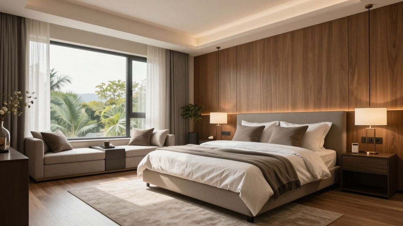 Elegant Airbnb master bedroom with king bed and natural light.