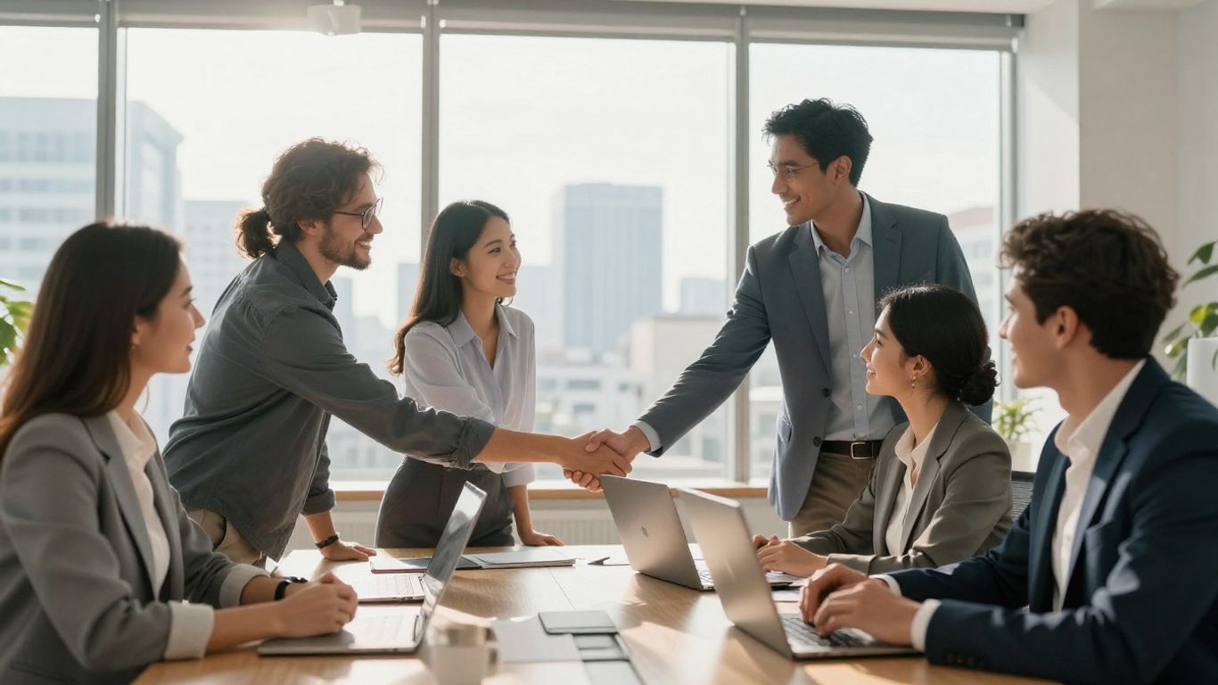 Professionals shaking hands in a modern office with city view.