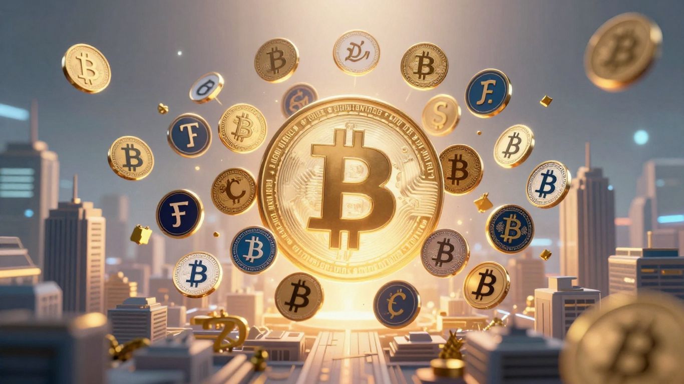 Digital currency symbols floating above a futuristic cityscape.