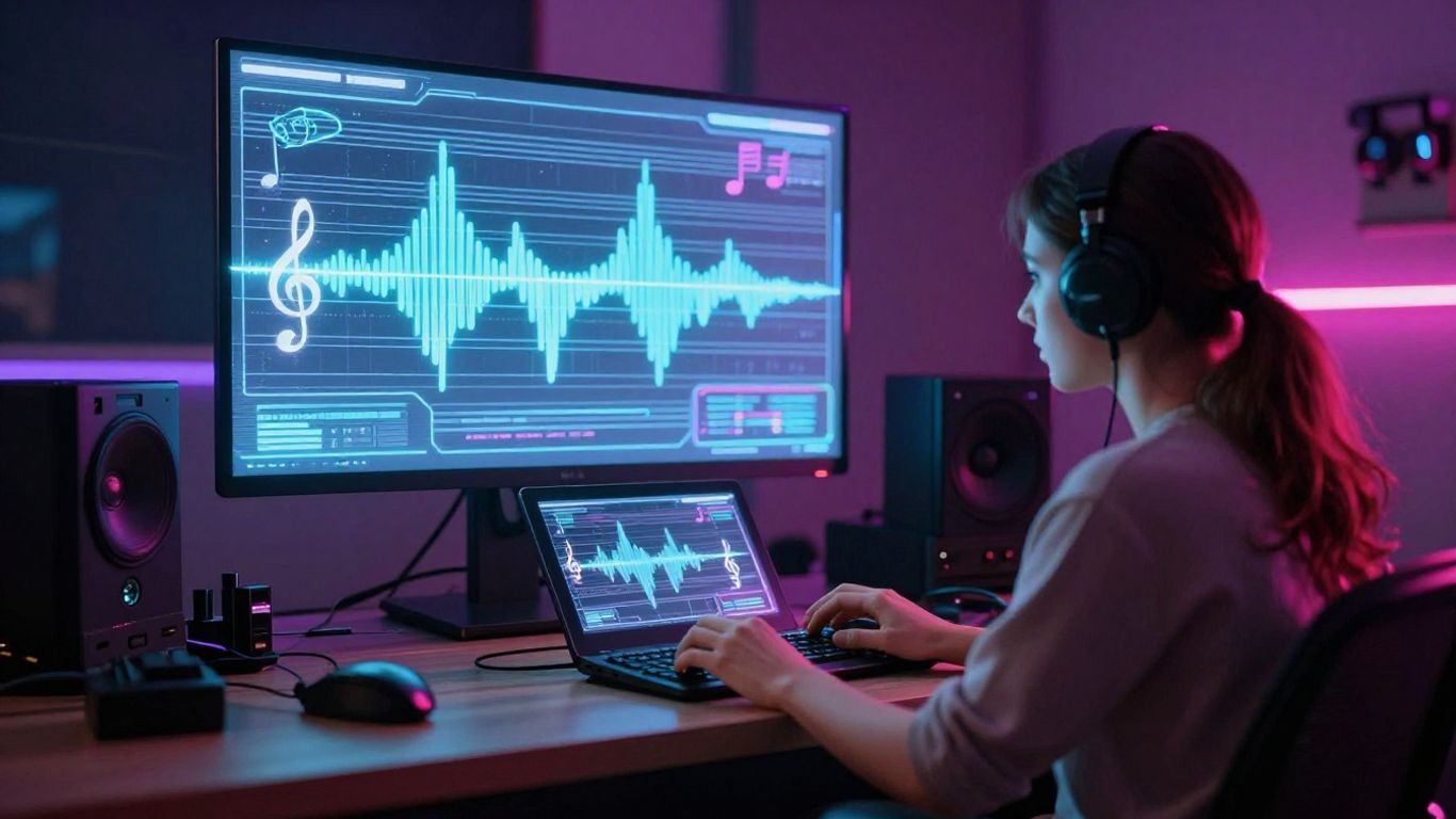 Musician using futuristic AI music promotion tools.