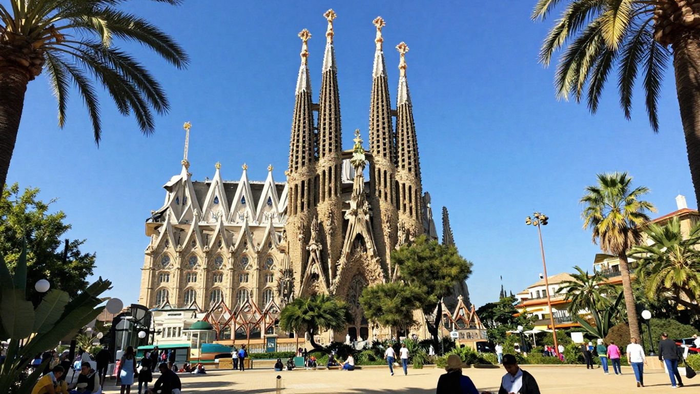 Spanish landmarks and people enjoying a sunny day.