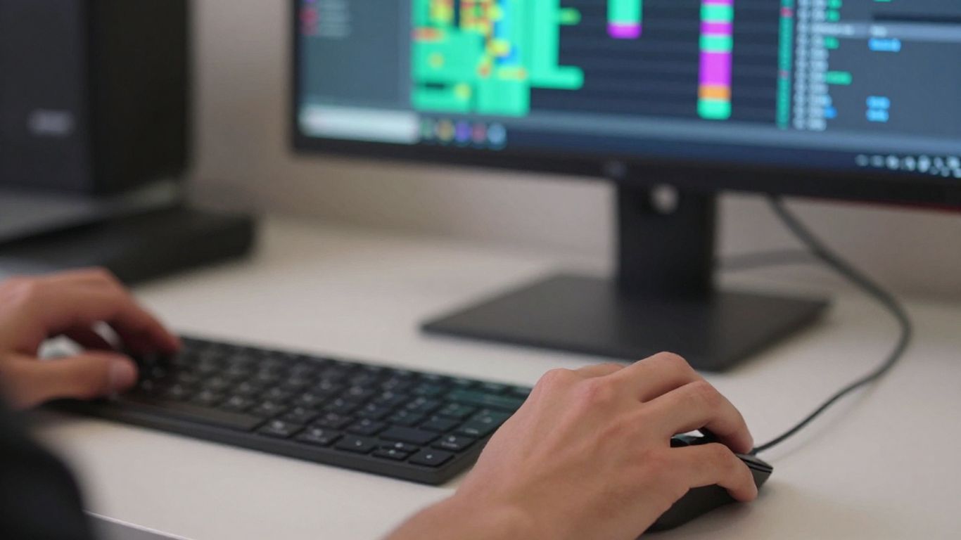 Tela de computador com pixels e pessoa usando teclado