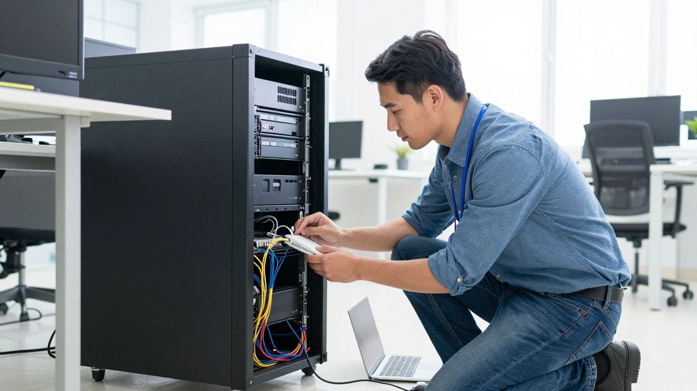 Technician inspecting office network equipment