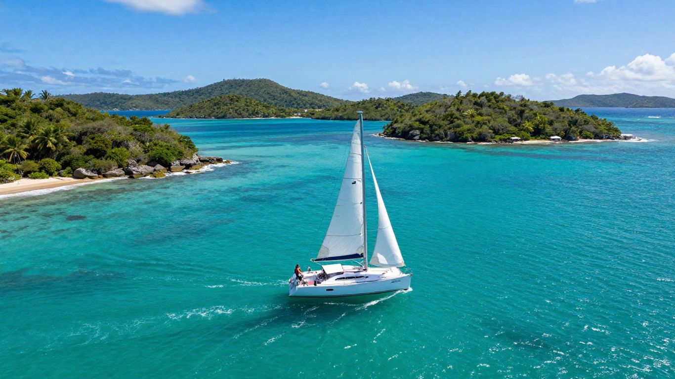 Sailboat sailing in clear turquoise waters of BVI.