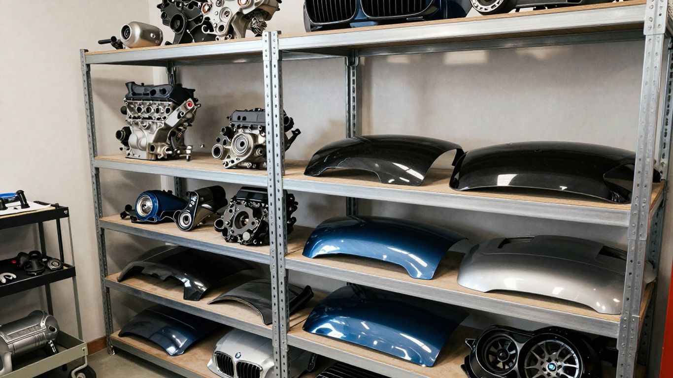 Used BMW car parts in a garage