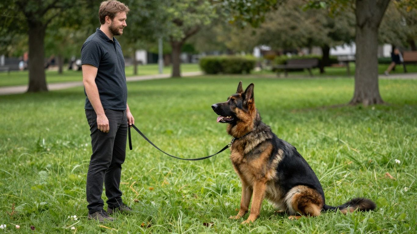 Dog and handler training in a park.