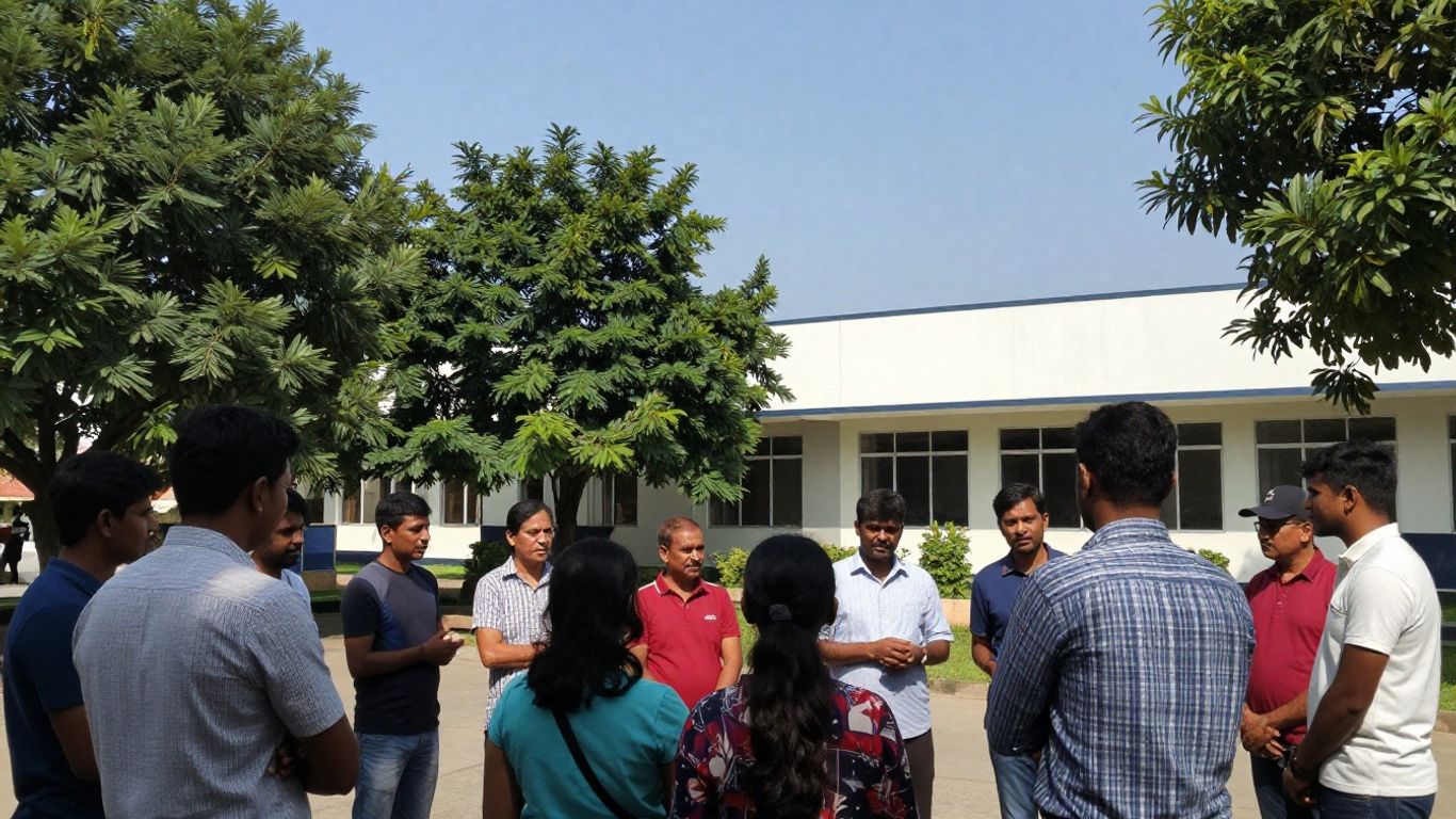 Community members near a public service building.