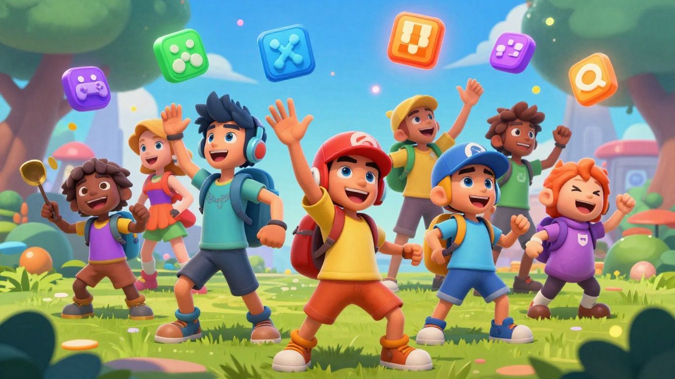 Diverse avatars playing games together online.