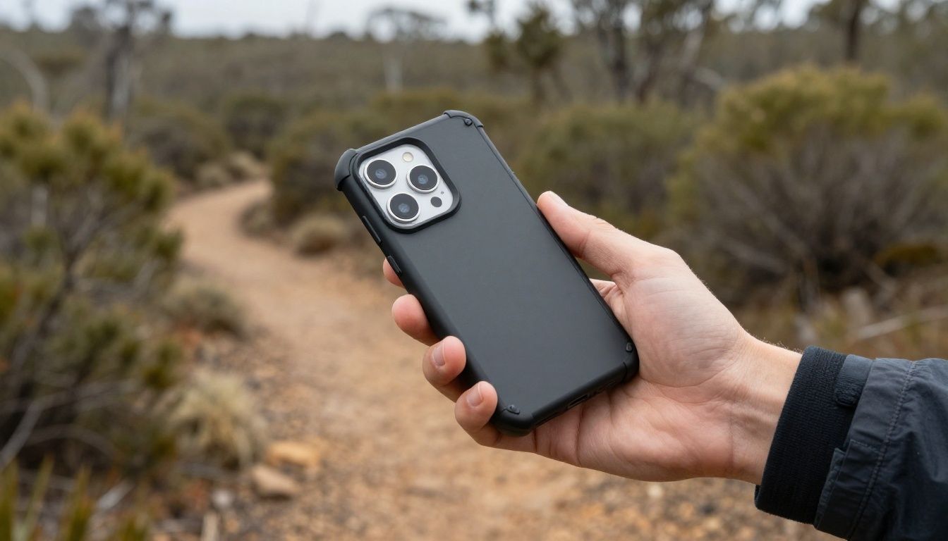 A close-up of someone's hands securely holding a Galaxy S25 in a rugged, shockproof case while hiking on a trail with Australian bushland in the background.