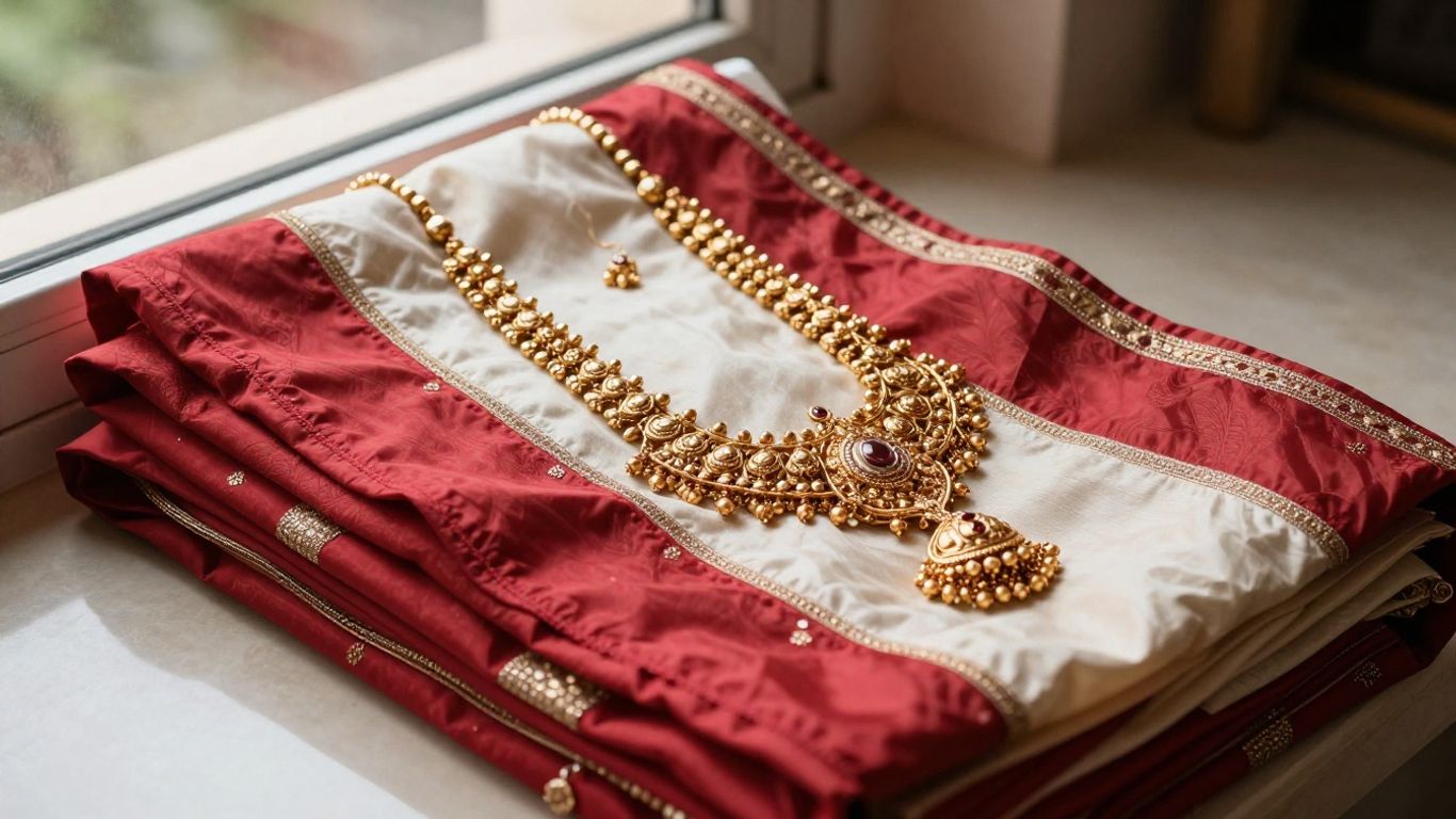 Bridal jewellery arranged beside silk wedding attire