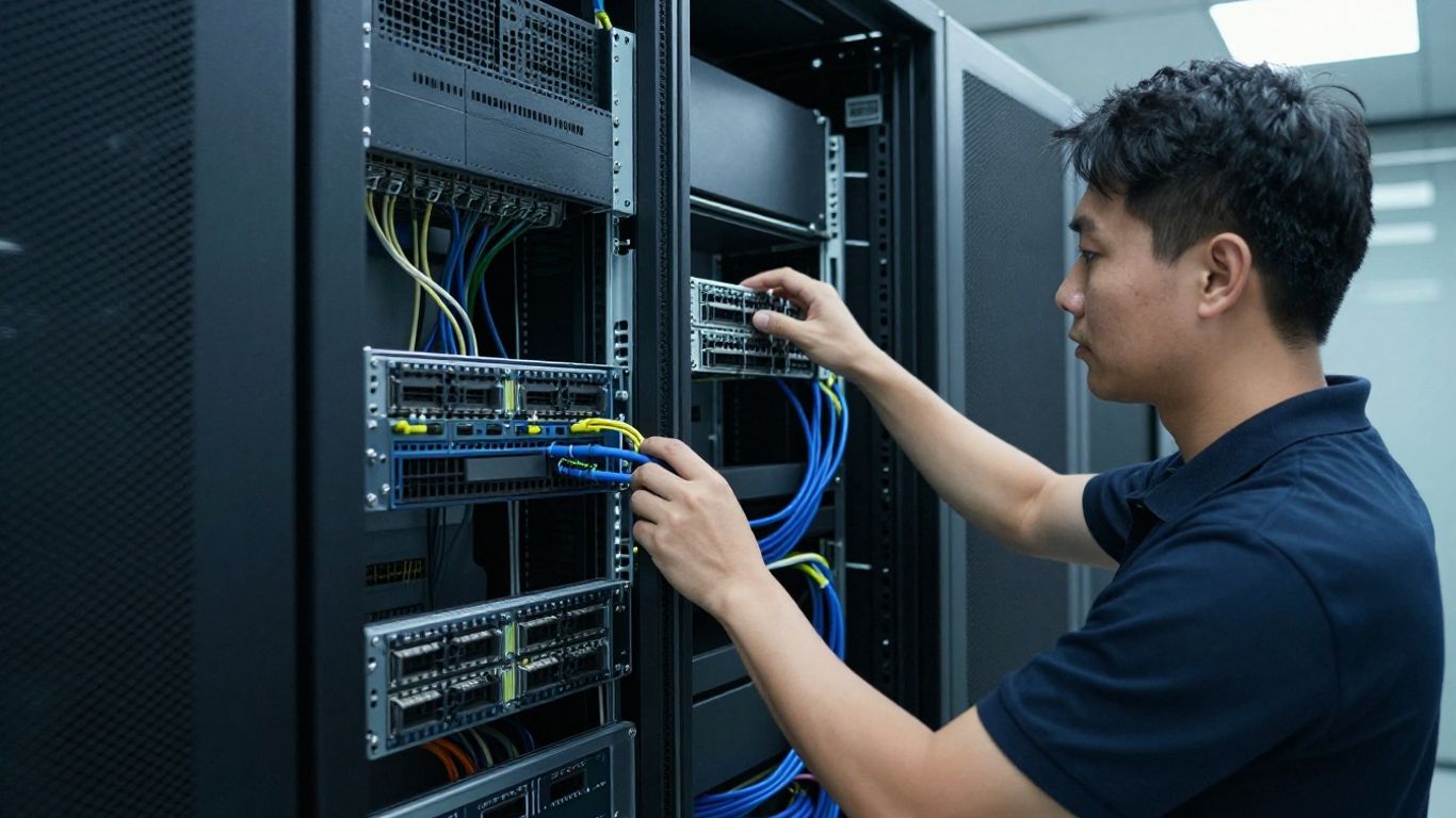 Technician inspecting server room equipment