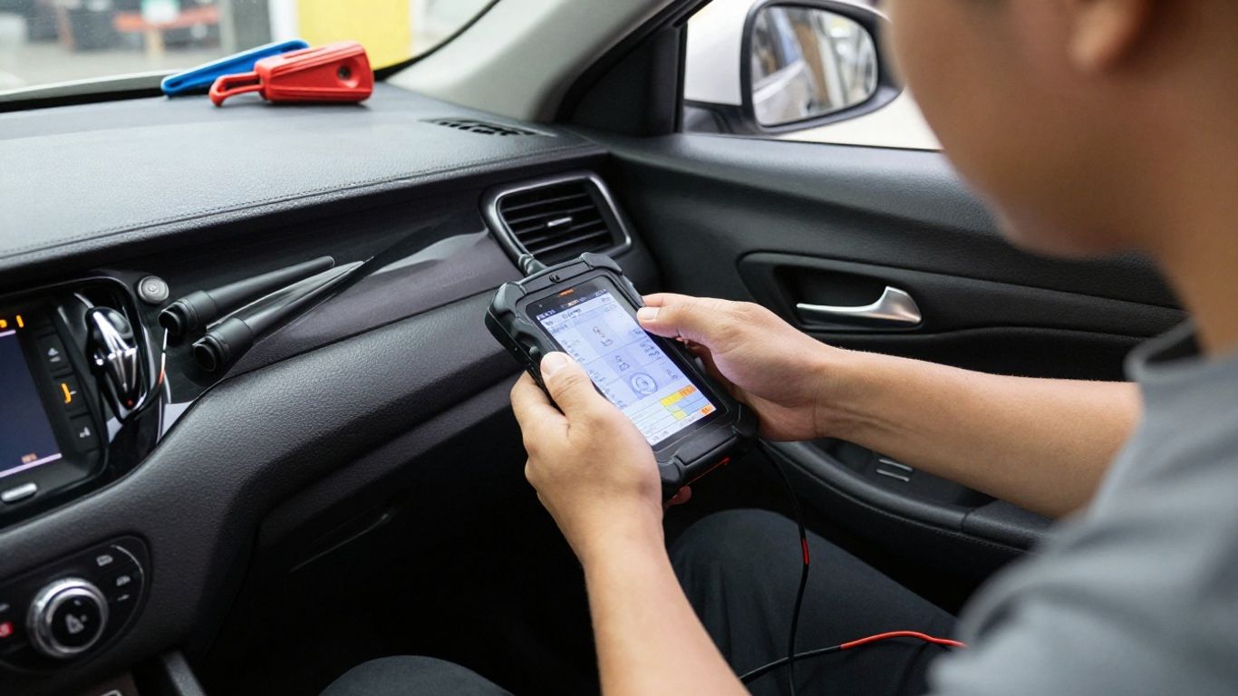 Technician connecting an OBD scanner inside car