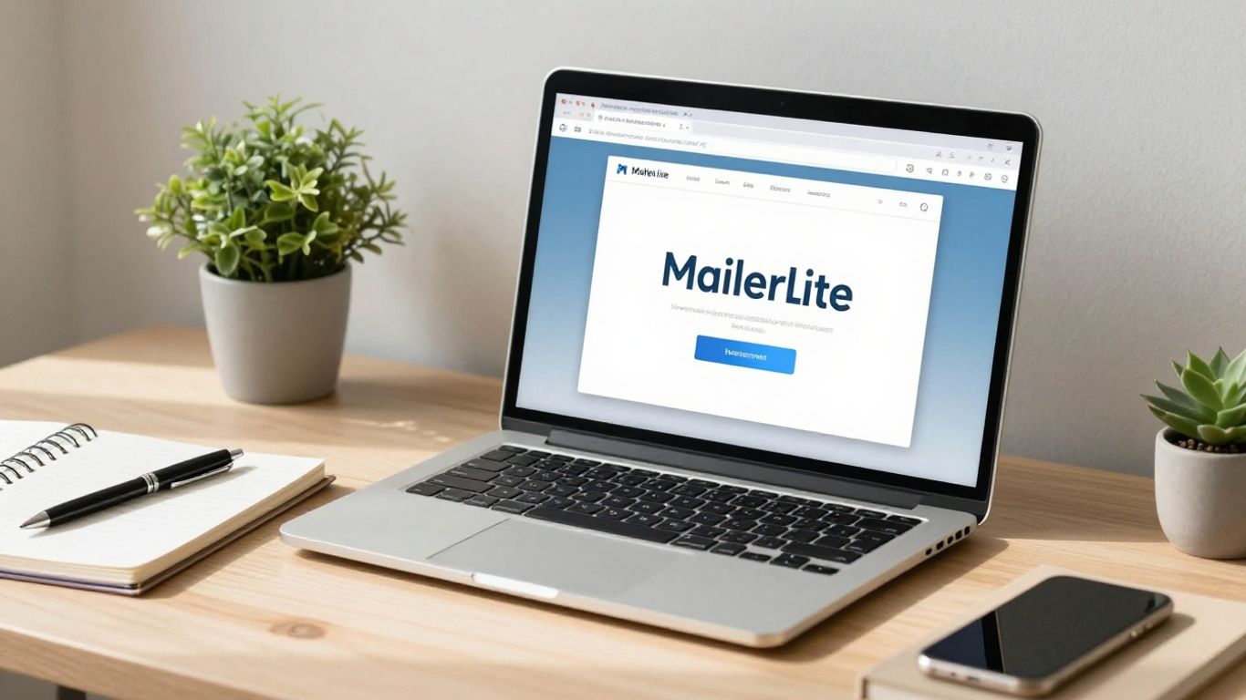 MailerLite email marketing dashboard on a laptop screen.