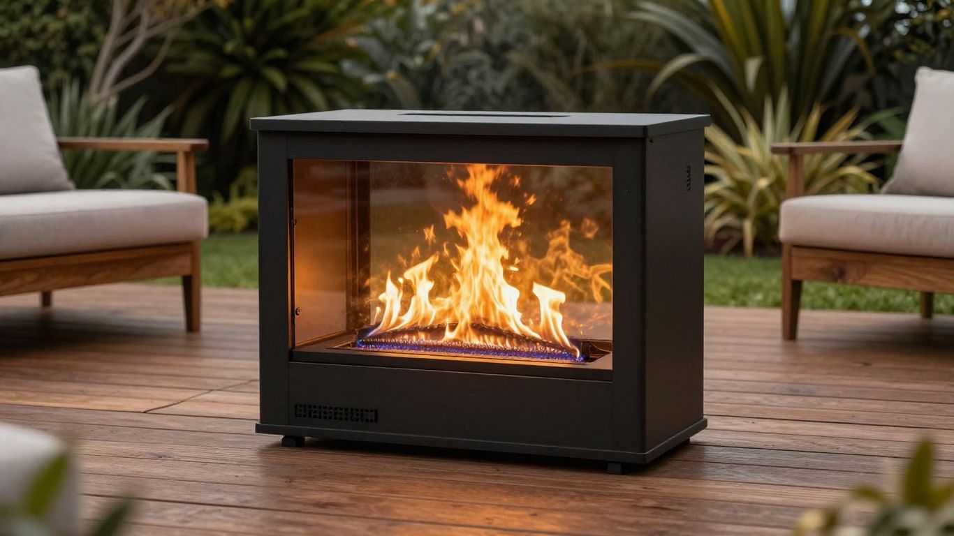 A bioethanol fireplace glowing on a patio