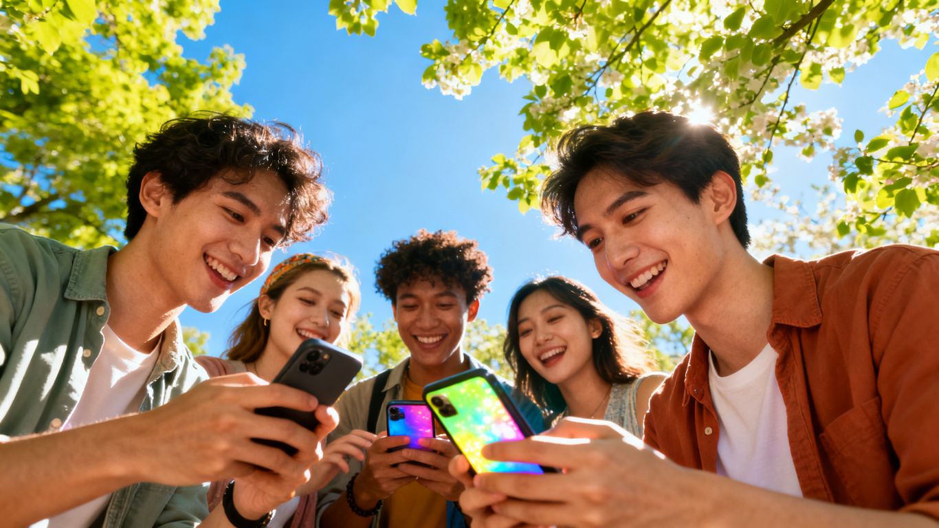 People using phones outdoors, social media reach concept.