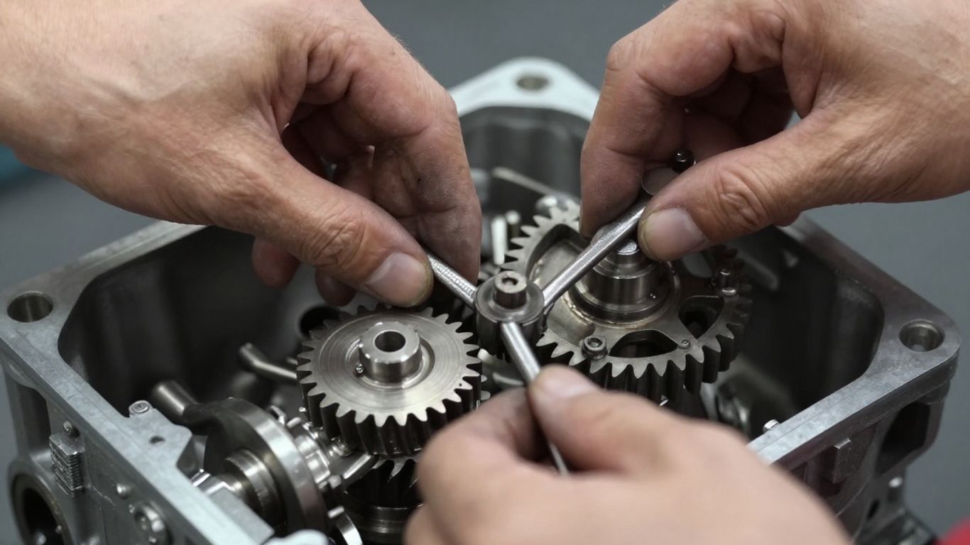 Mechanic's hands repairing a manual transmission gearbox.