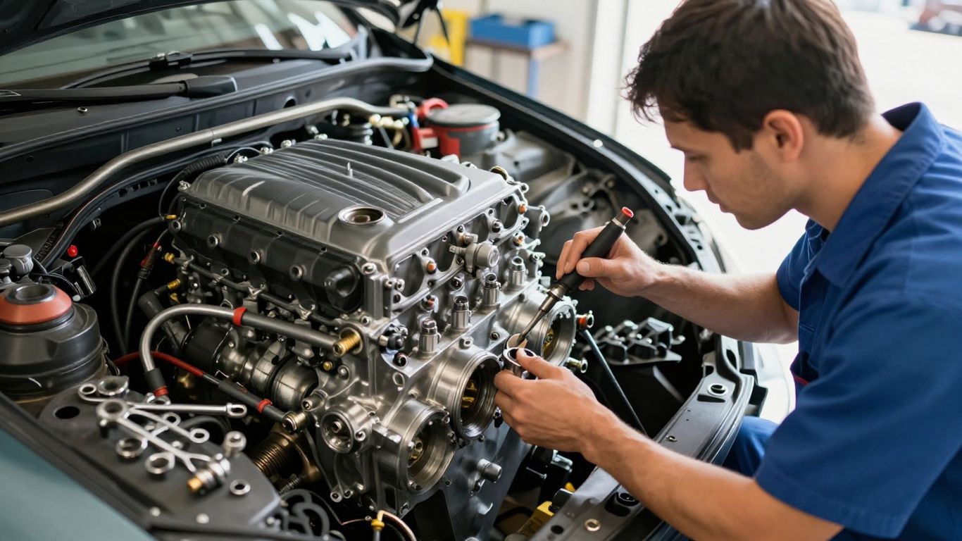 Mechanic replacing car engine in Dandenong workshop.