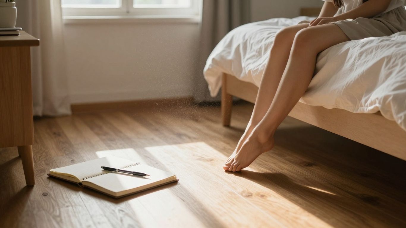 Person stretching in morning light, notebook nearby.