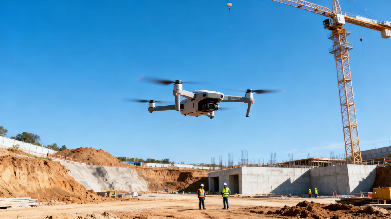 Drone capturing data across a large construction site