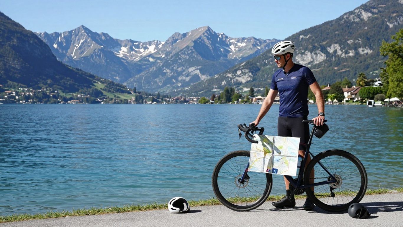 Cyclist beside Lake Annecy with mountain reflections